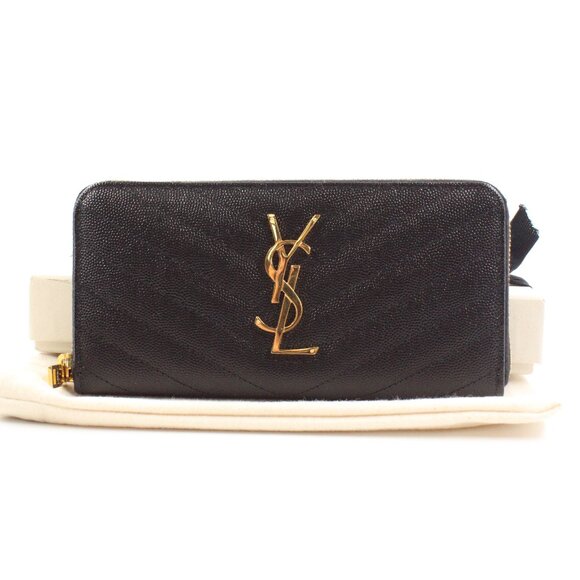NWOT Saint Laurent YSL Large Zip Wallet in Black Grained Leather/Gold Hardware - Picture 1 of 14